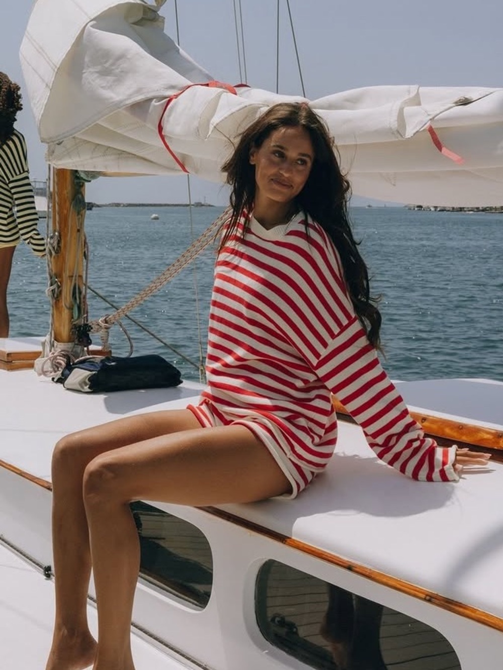 Daily Drills Beach Knit Oversized Sweater Heart + White Stripe
